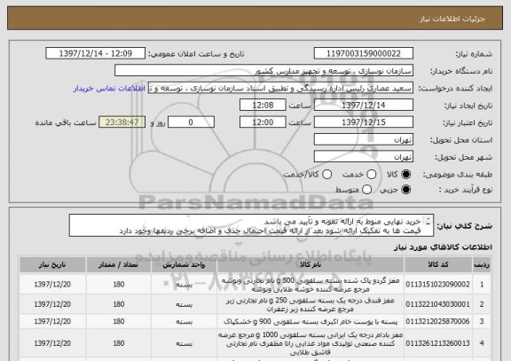 استعلام خرید نهایی منوط به ارائه نمونه و تآیید می باشد 
قیمت ها به تفکیک ارائه شود بعد از ارائه قیمت احتمال حذف و اضافه برخی ردیفها وجود دارد


