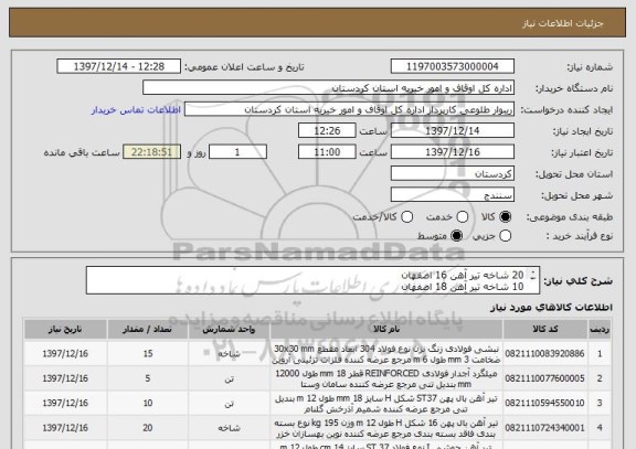 استعلام 20 شاخه تیر آهن 16 اصفهان 
10 شاخه تیر آهن 18 اصفهان 
20 شاخه تیر آهن 14 اصفهان 
10 عدد صفحه ستون 50*50 
15 شاخه نبشی آهنی 6
5 تن میلگرد آهنی 10