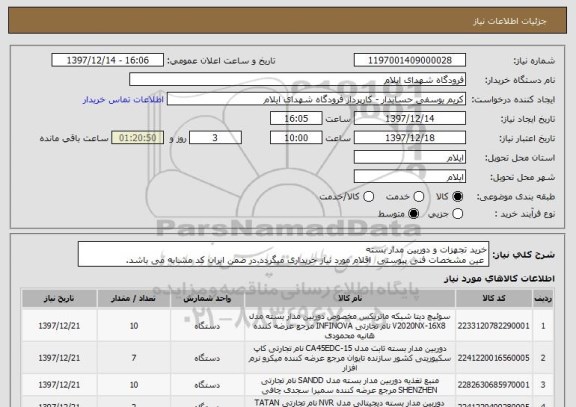 استعلام خرید تجهزات و دوربین مدار بسته
 عین مشخصات فنی پیوستی  اقلام مورد نیاز خریداری میگردد.در ضمن ایران کد مشابه می باشد.