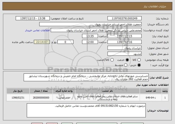 استعلام حسابرسی صورتهای مالی داروخانه، مرکز توانبخشی ، درمانگاه امام خمینی و درمانگاه شهرستان نیشابور
حجم فعالیت 282 میلیارد ریال