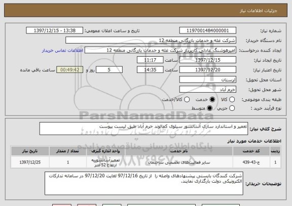 استعلام تعمیر و استاندارد سازی آسانسور سیلوی کمالوند خرم آباد طبق لیست پیوست