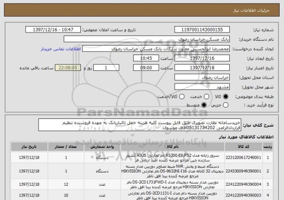 استعلام خریدسامانه نظارت تصویری طبق فایل پیوست کلیه هزینه حمل تاانباربانک به عهده فروشنده تنظیم قراردادالزامی 05131734202آقای موسوی 