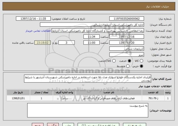 استعلام قرارداد اجاره یکدستگاه خودرو سواری مدل بالا جهت استفاده در اداره دامپزشکی شهرستان آذرشهر با شرایط پیوستی