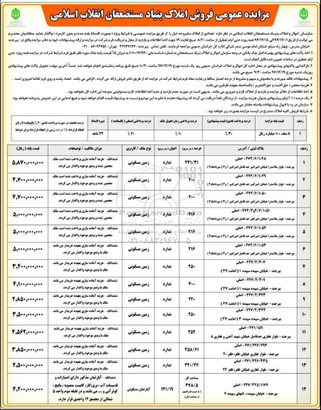 مزایده مزایده فروش املاک کاربری زمین مسکونی و آپارتمان