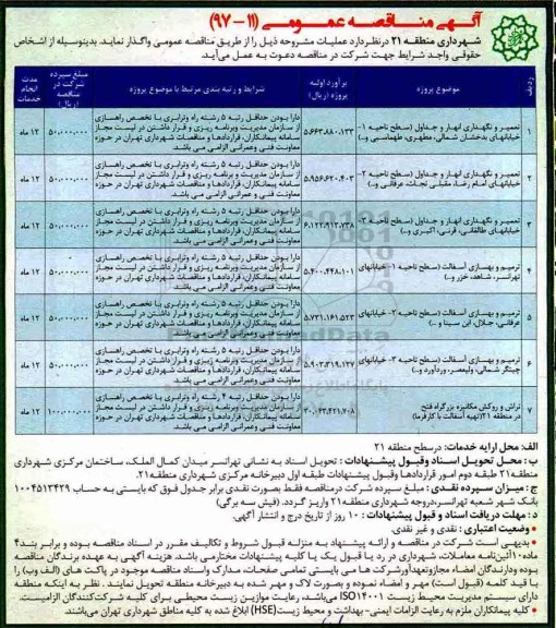 مناقصه , مناقصه عملیات تعمیر و نگهداری انهار و جداول و....