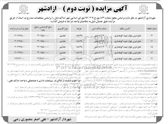 مزایده ، مزایده فروش املاک کاربری تجاری نوبت دوم