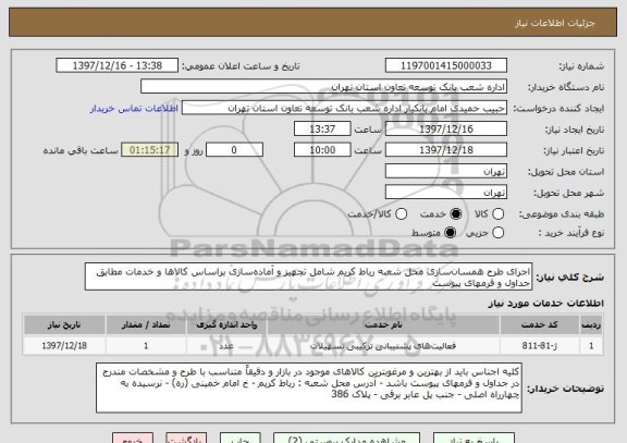 استعلام اجرای طرح همسان سازی محل شعبه رباط کریم شامل تجهیز و آماده‎سازی براساس کالاها و خدمات مطابق جداول و فرمهای پیوست