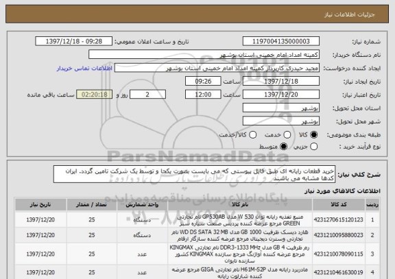 استعلام خرید قطعات رایانه ای طبق فایل پیوستی که می بایست بصورت یکجا و توسط یک شرکت تامین گردد. ایران کدها مشابه می باشند