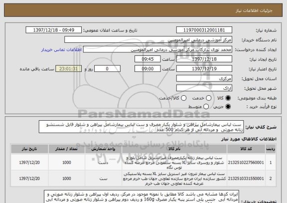 استعلام  ست لباس بیمارشامل پیراهن و شلوار یکبار مصرف و ست لباس بیمارشامل پیراهن و شلوار قابل شستشو زنانه صورتی  و مردانه آبی از هر کدام 500 عدد