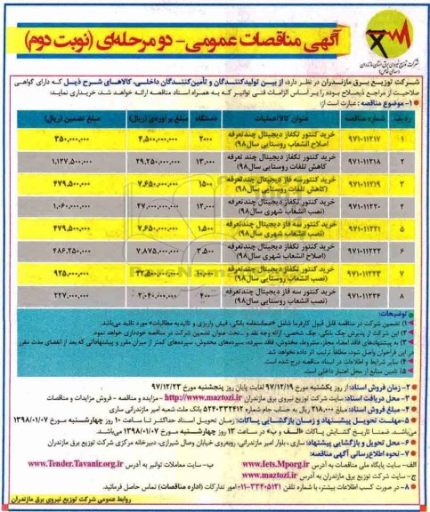 آگهی مناقصه های عمومی , مناقصه خرید کنتور تکفاز دیجیتال چند تعرفه و ... نوبت دوم