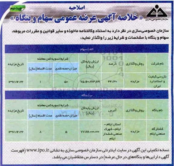 مزایده ,مزایده عرضه عمومی بنگاه ... نوبت دوم