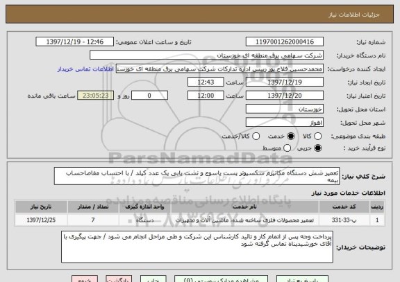 استعلام تعمیر شش دستگاه مکانیزم سکسیونر پست یاسوج و نشت یابی یک عدد کیلد / با احتساب مفاصاحساب بیمه 