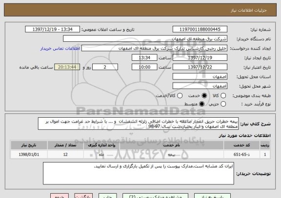 استعلام بیمه خطرات حریق انفجار صاعقه با خطرات اضافی زلزله اتشفشان  و ... با شرایط حد غرامت جهت اموال بر منطقه ای اصفهان و انبار بختیاردشت سال 97-98