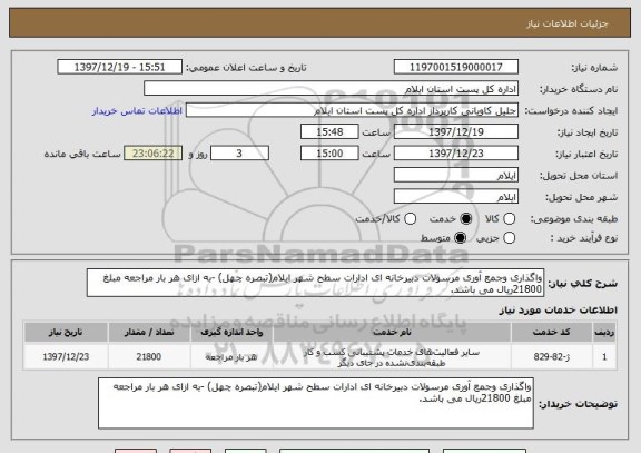 استعلام واگذاری وجمع آوری مرسولات دبیرخانه ای ادارات سطح شهر ایلام(تبصره چهل) -به ازای هر بار مراجعه مبلغ 21800ریال می باشد.