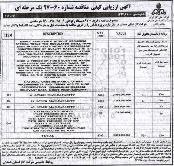 مناقصه , مناقصه خرید 6700 دستگاه رگولاتور  نوبت دوم 