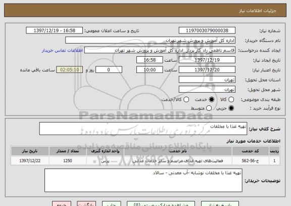 استعلام تهیه غذا با مخلفات