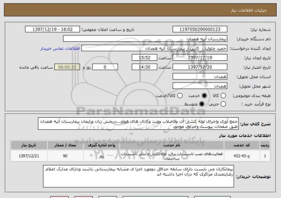 استعلام جمع آوری واجرای لوله کشی آب وفاضلاب وونت وکانال های هواو...دربخش زنان وزایمان بیمارستان آتیه همدان طبق صفحات پیوست وحداول موجود
