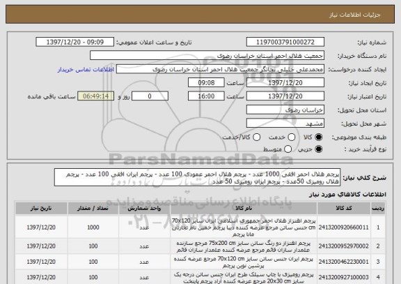 استعلام پرچم هلال احمر افقی 1000 عدد - پرچم هلال احمر عمودی 100 عدد - پرچم ایران افقی 100 عدد - پرچم هلال رومیزی 50عدد - پرچم ایران رومیزی 50 عدد