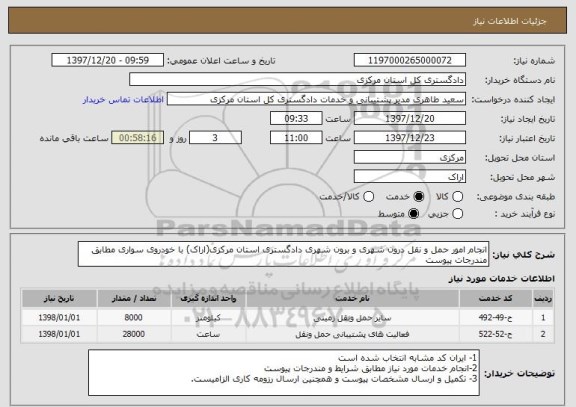 استعلام انجام امور حمل و نقل درون شهری و برون شهری دادگستری استان مرکزی(اراک) با خودروی سواری مطابق مندرجات پیوست 