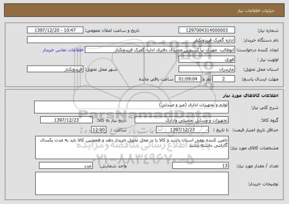 استعلام لوازم و تجهیزات اداری (میز و صندلی)