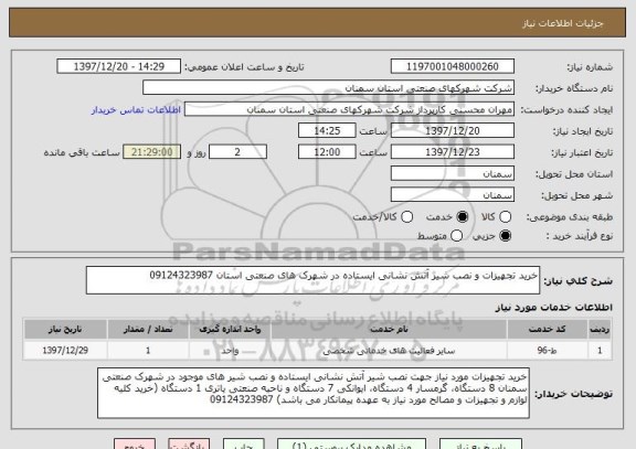 استعلام خرید تجهیزات و نصب شیر آتش نشانی ایستاده در شهرک های صنعتی استان 09124323987