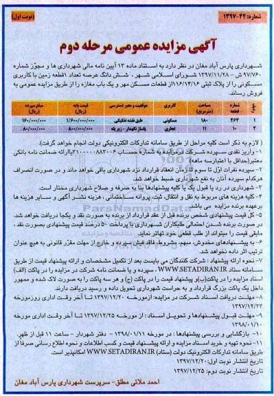 مزایده, مزایده ملک مسکونی و تجاری و مغازه