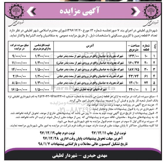 مزایده, مزایده واگذاری 6 قطعه زمین با کاربری مسکونی نوبت دوم 