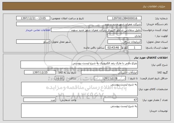 استعلام چراغ دفنی با مارک رعد الکترونیک به شرح لیست پیوستی
