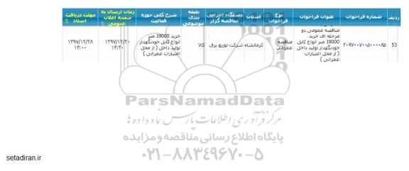 مناقصه عمومی, مناقصه عمومی خرید 19000 متر انواع کابل خودنگهدار تولید داخل 