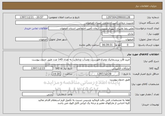 استعلام خرید قاب پریسماتیک وچراغ فلورسنت وضدآب ودانلایت به تعداد 145 عدد طبق جدول پیوست 
