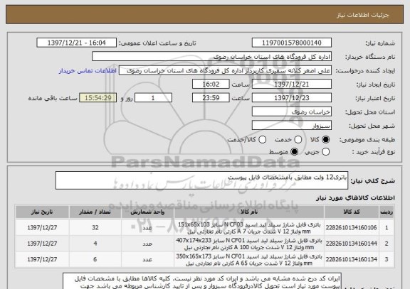 استعلام باتری12 ولت مطابق بامشخصات فایل پیوست