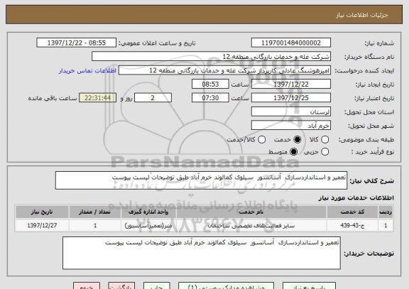 استعلام تعمیر و استانداردسازی  آسانسور  سیلوی کمالوند خرم آباد طبق توضیحات لیست پیوست