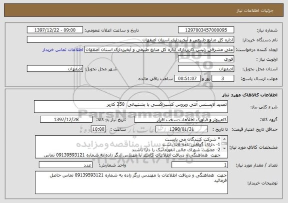 استعلام تمدید لایسنس آنتی ویروس کسپراکسی با پشتیبانی  350 کاربر

