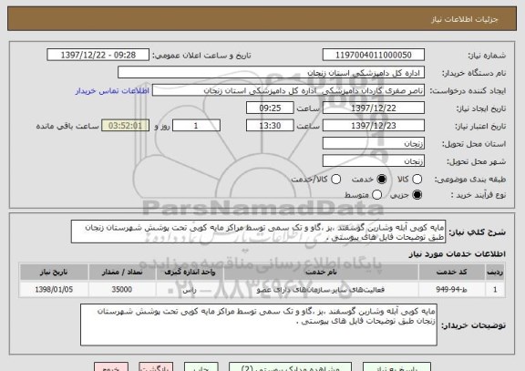 استعلام مایه کوبی آبله وشاربن گوسفند ،بز ،گاو و تک سمی توسط مراکز مایه کوبی تحت پوشش شهرستان زنجان طبق توضیحات فایل های پیوستی .