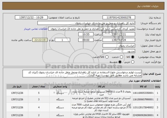 استعلام لیست لوازم درخواستی جهت استفاده در اداره کل راهداری وحمل ونقل جاده ای خراسان رضوی (ایران کد مشابه می باشد مطابق فایل پیوست تهیه گردد)