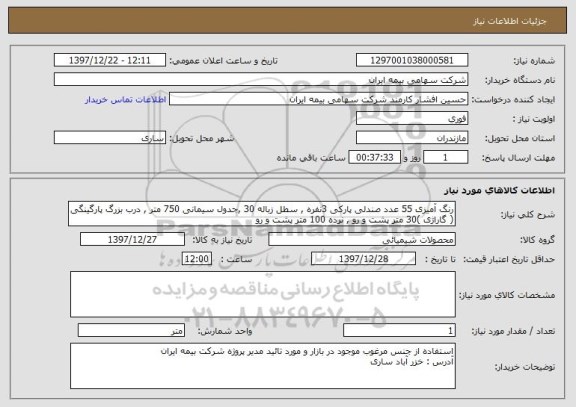 استعلام رنگ آمیزی 55 عدد صندلی پارکی 3نفره , سطل زباله 30 ,جدول سیمانی 750 متر , درب بزرگ پارگینگی ( گاراژی )30 متر پشت و رو , نرده 100 متر پشت و رو 