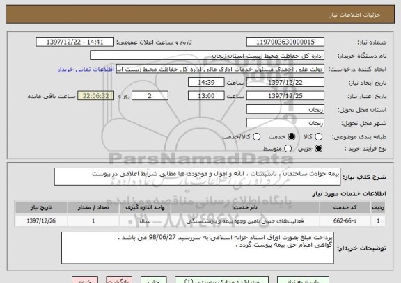 استعلام بیمه حوادث ساختمان ، تاسیسات ، اثاثه و اموال و موجودی ها مطابق شرایط اعلامی در پیوست 