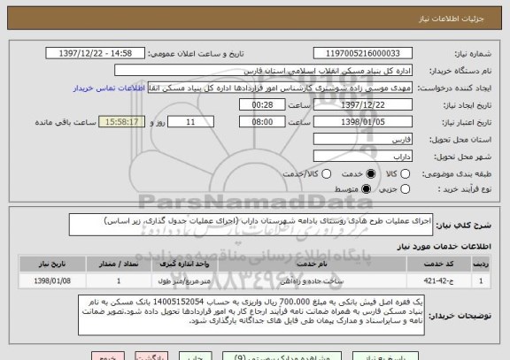 استعلام اجرای عملیات طرح هادی روستای بادامه شهرستان داراب (اجرای عملیات جدول گذاری، زیر اساس)