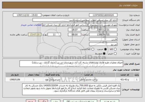 استعلام اجرای عملیات طرح هادی روستاهای بشنه، کت آباد شهرستان نی ریز (جدول گذاری ، زیر سازی)