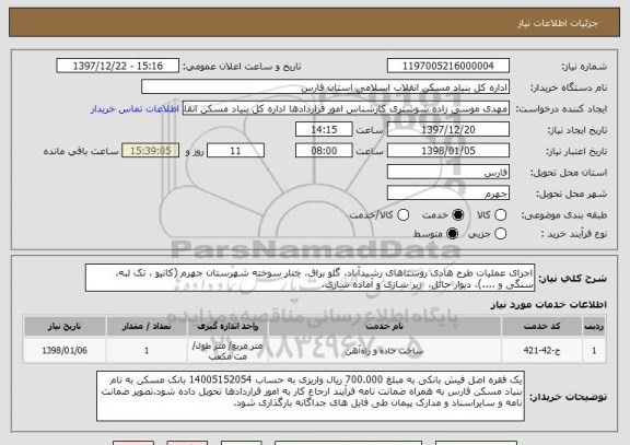 استعلام اجرای عملیات طرح هادی روستاهای رشیدآباد، گلو براق، چنار سوخته شهرستان جهرم (کانیو ، تک لبه، سنگی و ....)، دیوار حائل،  زیر سازی و آماده سازی،