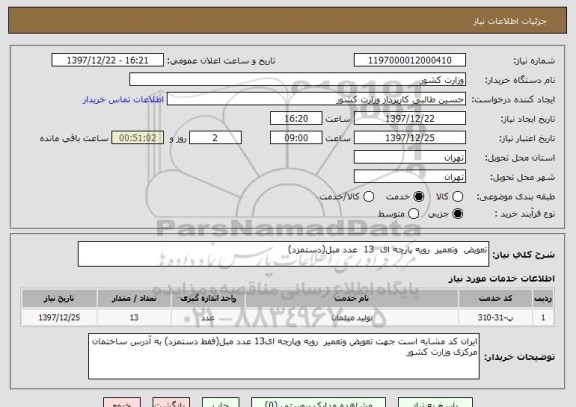 استعلام تعویض  وتعمیر  رویه پارچه ای  13  عدد مبل(دستمزد)