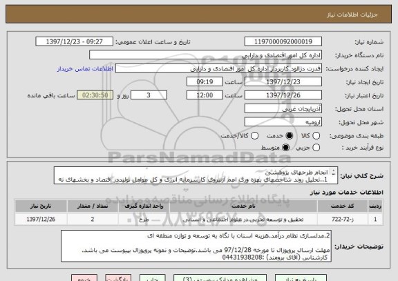 استعلام انجام طرحهای پژوهشی
1..تحلیل روند شاخصهای بهره وری اعم ازنیروی کارسرمایه انرژی و کل عوامل تولیددر اقتصاد و بخشهای نه گانه اقتصادی 
استان آغ 