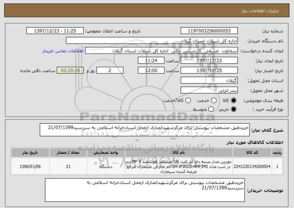 استعلام خریدطبق مشخصات پیوستی برای مرکزشهیدانصاری ازمحل اسنادخزانه اسلامی به سررسید21/07/1399