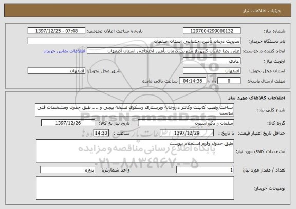 استعلام ساخت ونصب کابینت وکانتر داروخانه وپرستاری وسکوی نسخه پیچی و .... طبق جدول ومشخصات فنی پیوست 