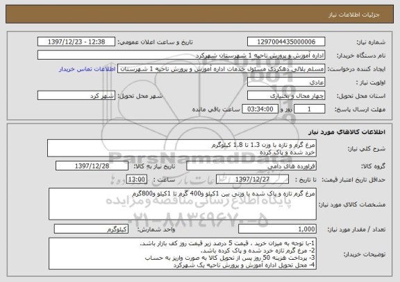 استعلام مرغ گرم و تازه با وزن 1.3 تا 1.8 کیلوگرم
خرد شده و پاک کرده