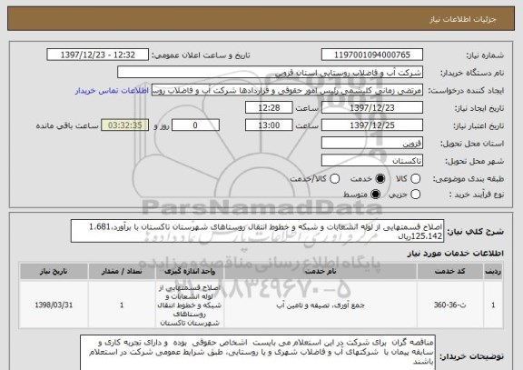 استعلام اصلاح قسمتهایی از لوله انشعابات و شبکه و خطوط انتقال روستاهای شهرستان تاکستان با برآورد1،681،125،142ریال  