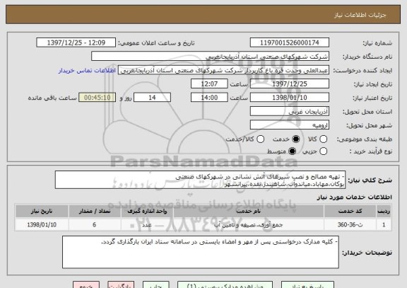 استعلام - تهیه مصالح و نصب شیرهای آتش نشانی در شهرکهای صنعتی بوکان،مهاباد،میاندوآب،شاهیندژ،نقده،پیرانشهر