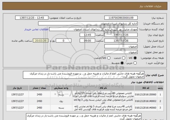استعلام هرگونه هزنه های جانبی اعم از مالیات و هزینه حمل و... بر عهده فروشنده می باشد-بار در زندان مرکزی اصفهان تحویل گردد