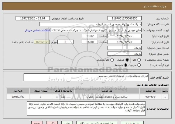 استعلام اجرای جدولگذاری در شهرک صنعتی بردسیر
