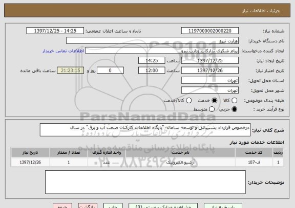 استعلام درخصوص قرارداد پشتیبانی و توسعه سامانه "پایگاه اطلاعات کارکنان صنعت آب و برق" در سال 